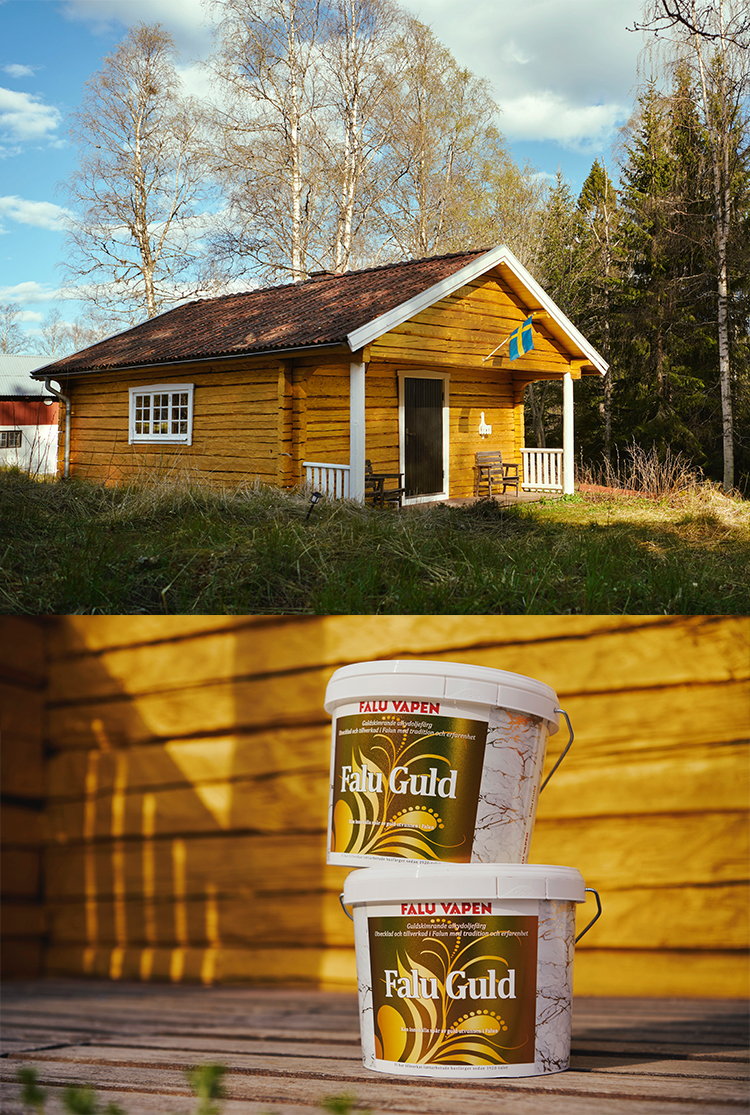 En timmerstuga målad i Falu Guld hos familjen Ahlqvist i Dalarna.
